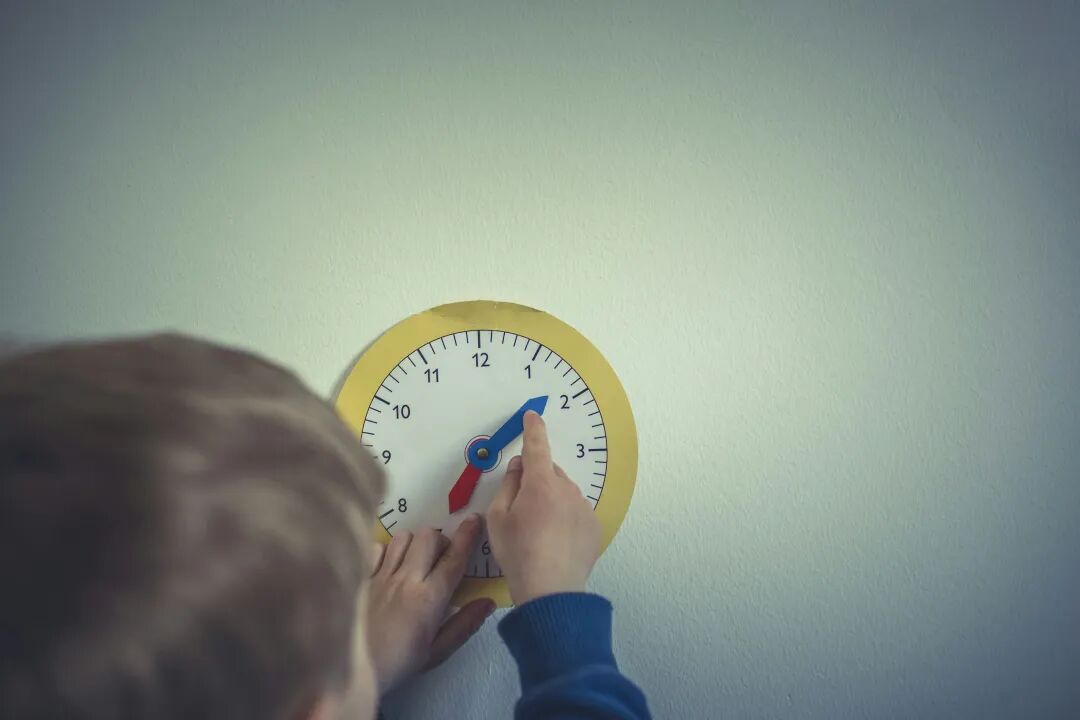 person in blue long sleeve shirt holding white round analog wall clock